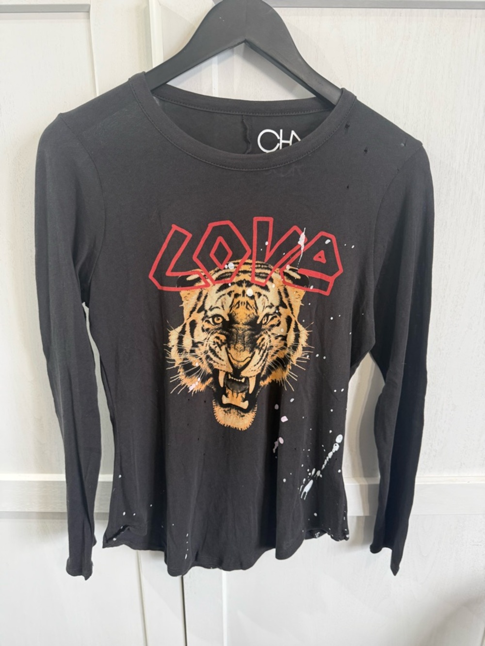 Chaser Black Long Sleeve Tee with Tiger Graphic and Red "LOVE" Print